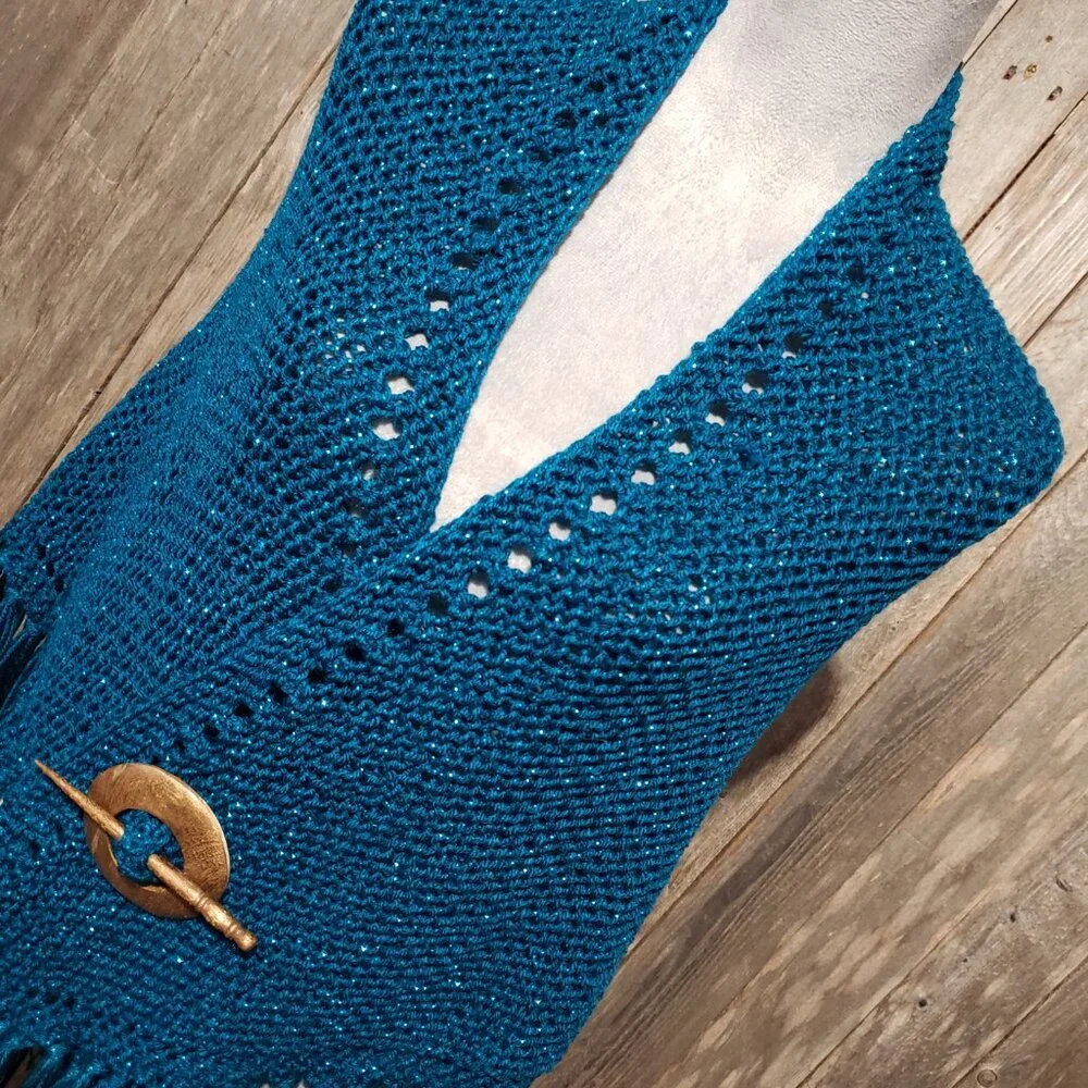 NEW Metallic Hand Knit Shawl‎ Wrap Scarf Boho Hippie Glam Artsy Indie Teal Blue